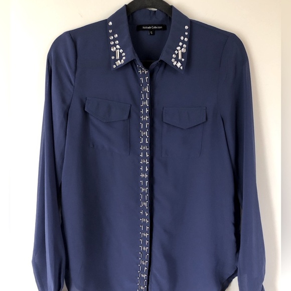 Attitude Collection Tops - Embellished Navy Blue Button-Down